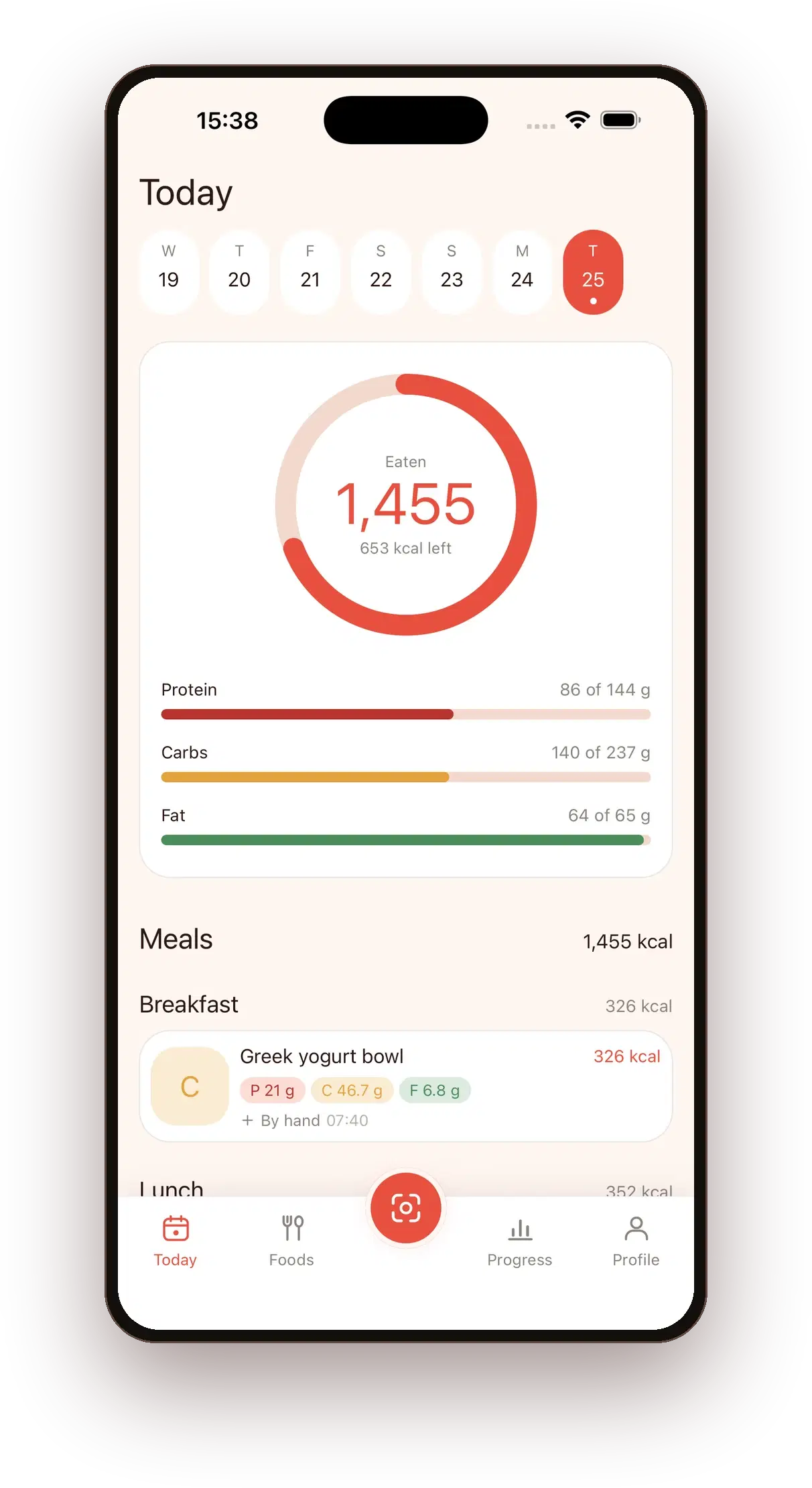 The Biteline Today screen: 1,455 calories eaten of a 2,108 target, with protein, carbs and fat bars and a logged breakfast.